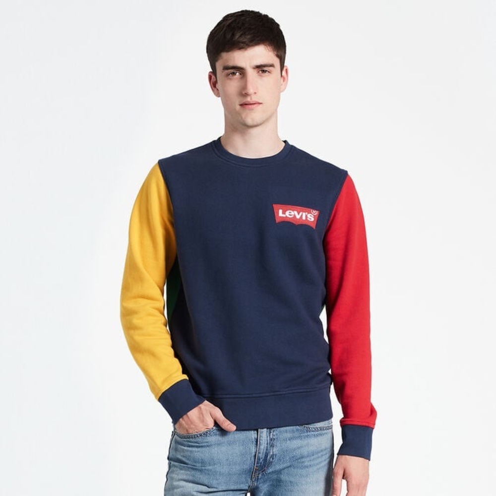Levi's Colorblock Crewneck Sweatshirt in Navy with Red and Yellow Sleeves